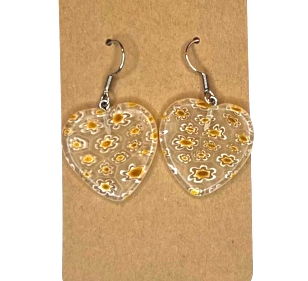 Handmade Clear Resin Heart Daisy Drop Earrings Silver Tone Floral